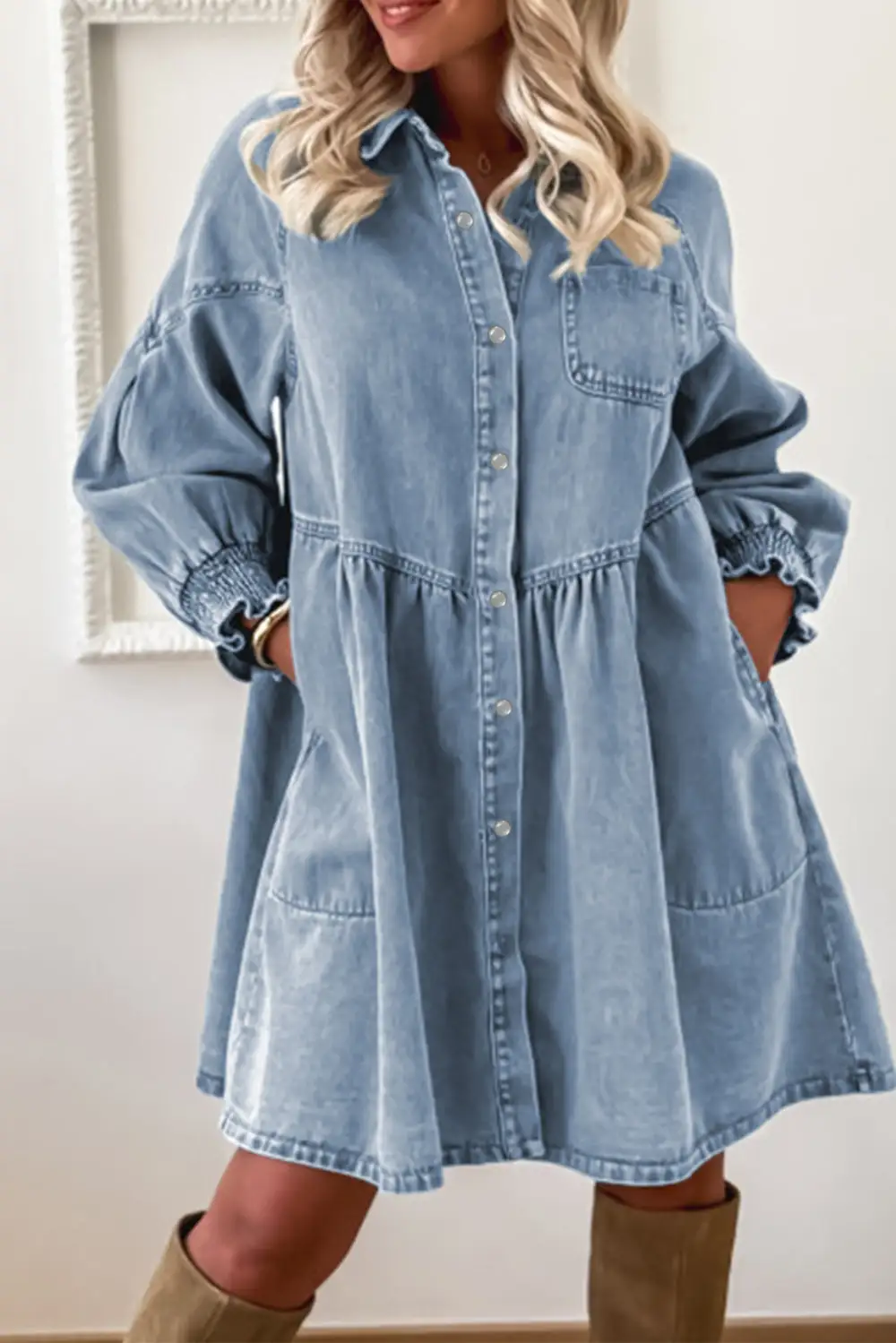 Denim Look Smocked Flared Mini Dress