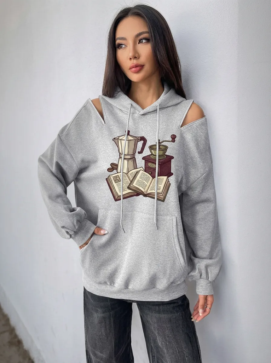 Women's Coffee Book Moka Pot Grinder Graphic Cold-Shoulder Hoodie