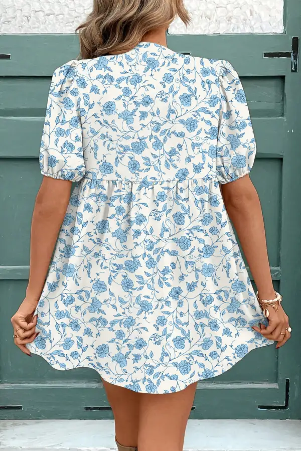 Lightweight Look Floral Contrast Trim Puff Sleeve Mini Dress