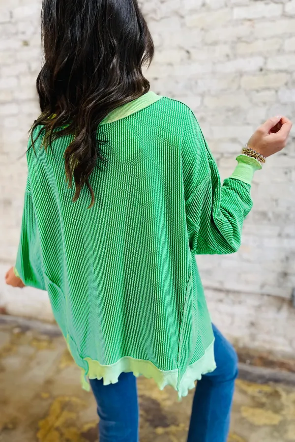 Bright Green Twisted Rib Uneven Top