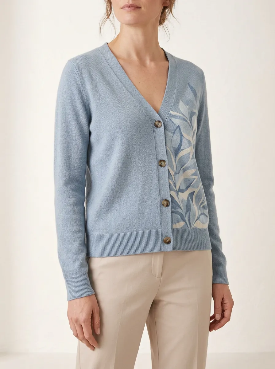 Women's Powder Leaf-Print V-Neck Cardigan