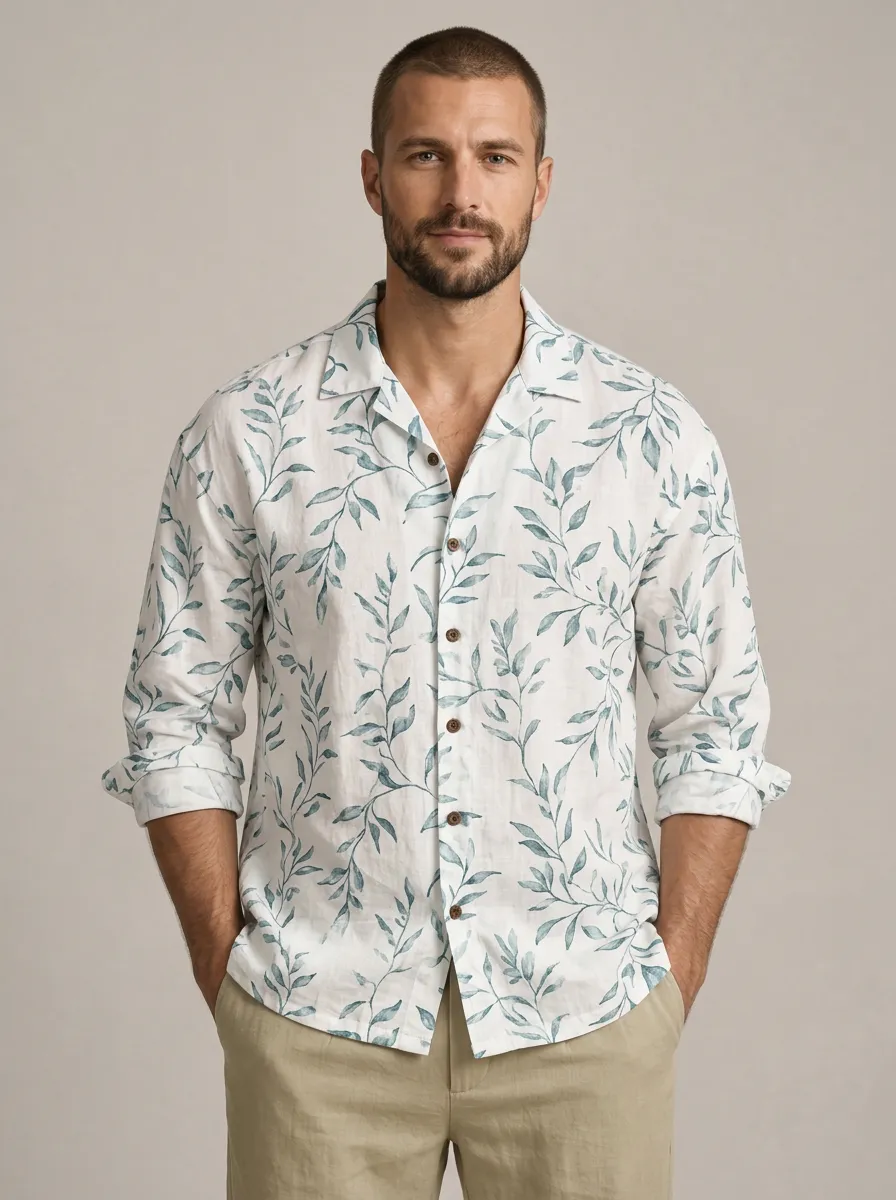 Men's Refined Leaf Printed Linen Shirt