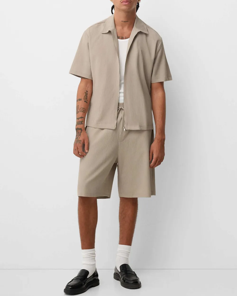 Zip Through Cotton Shirt In Khaki