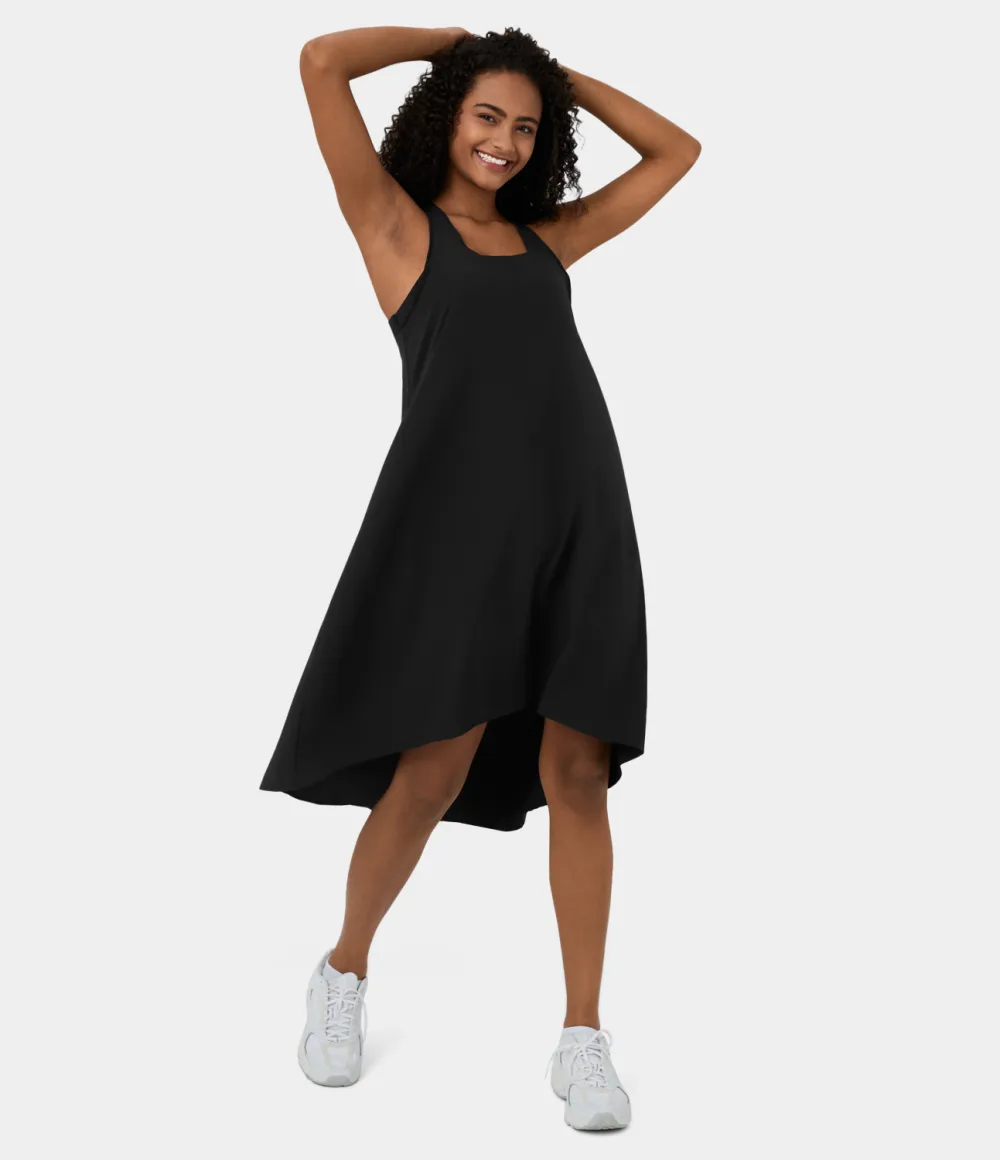 Breezeful Backless Racerback Side Pocket High Low Flowy Midi Quick Dry Casual Dress