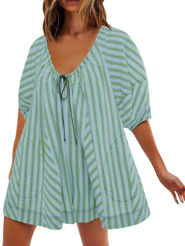 Short Sleeved Striped Jumpsuit Slim Loose Shorts