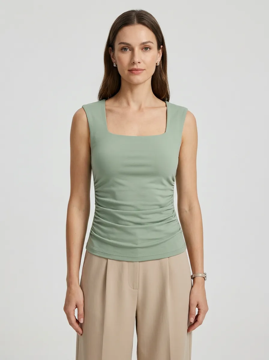 Waist-Shaped Square-Neck Side-Ruched Ruched Tank Top