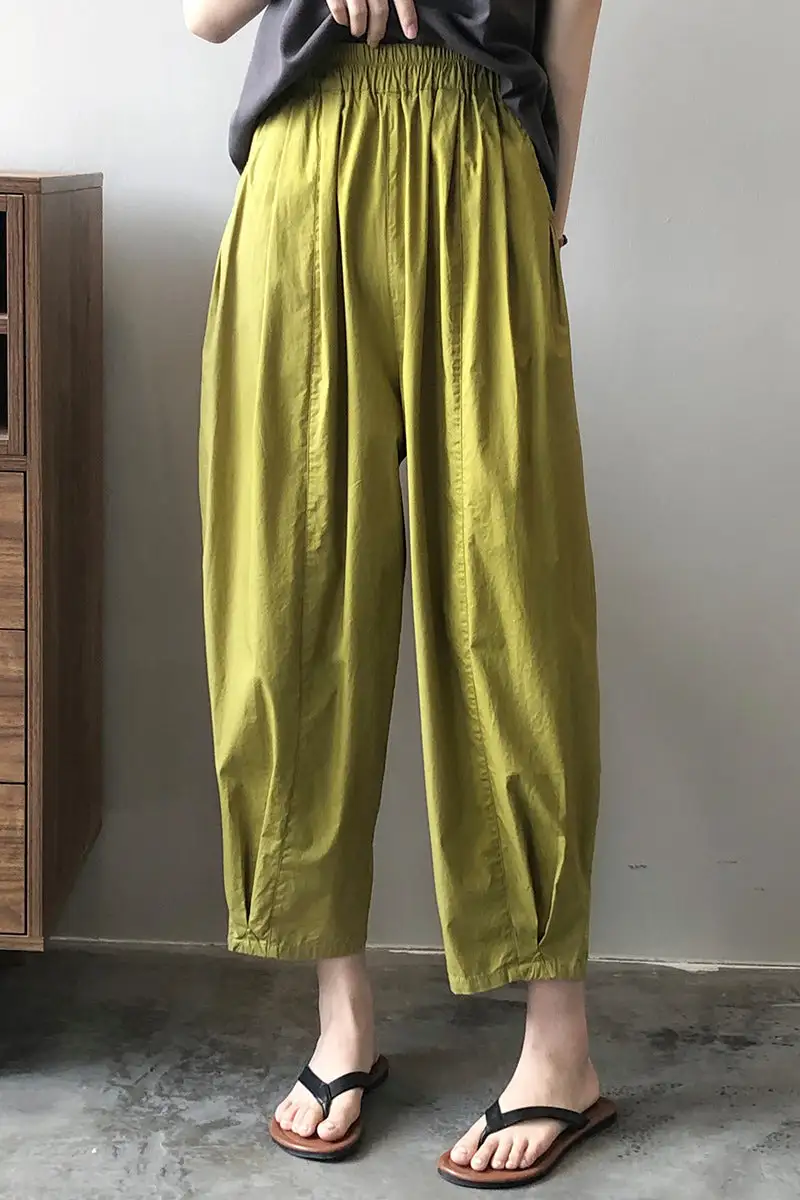 Refined Cotton Wide Leg Elastic Waist Pocketed Trousers