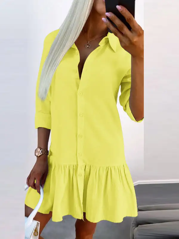 Long Sleeve Relaxed Buttoned Pleated Solid Color Split Joint Lapel Mini