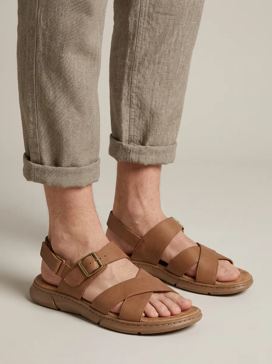 Men's Casual Summer Brown Leather Buckle Strap Sandals