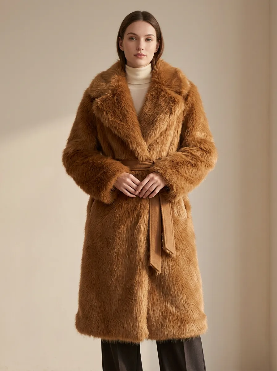 Defined Faux Fur Belted Coat