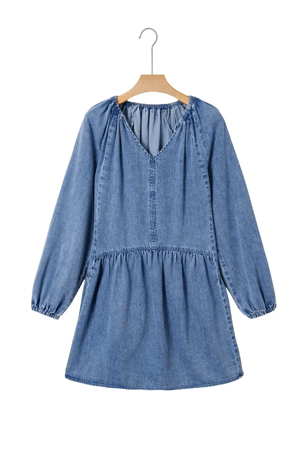 Denim V Neck Ruffle Mini Dress