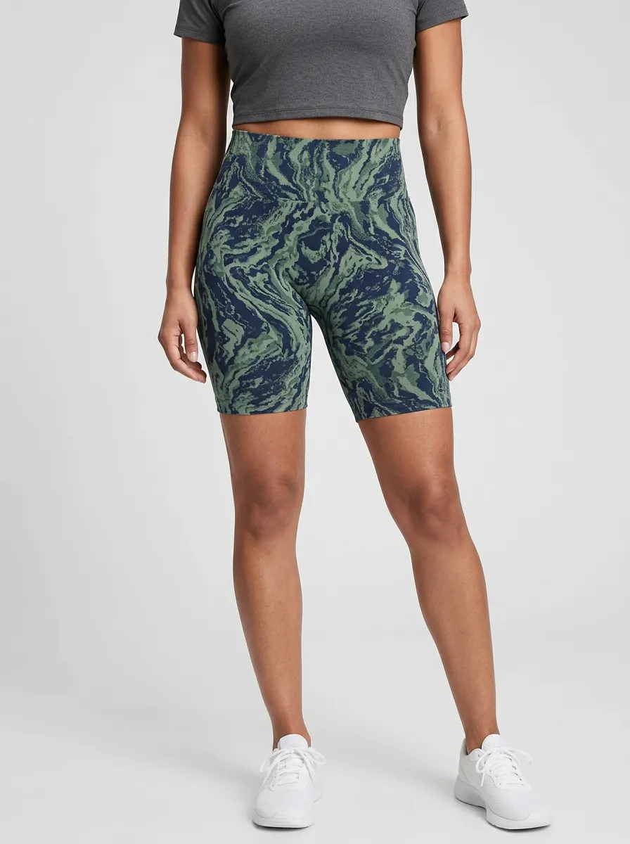 Women's Marble-Print Mid-Thigh High-Rise Biker Shorts