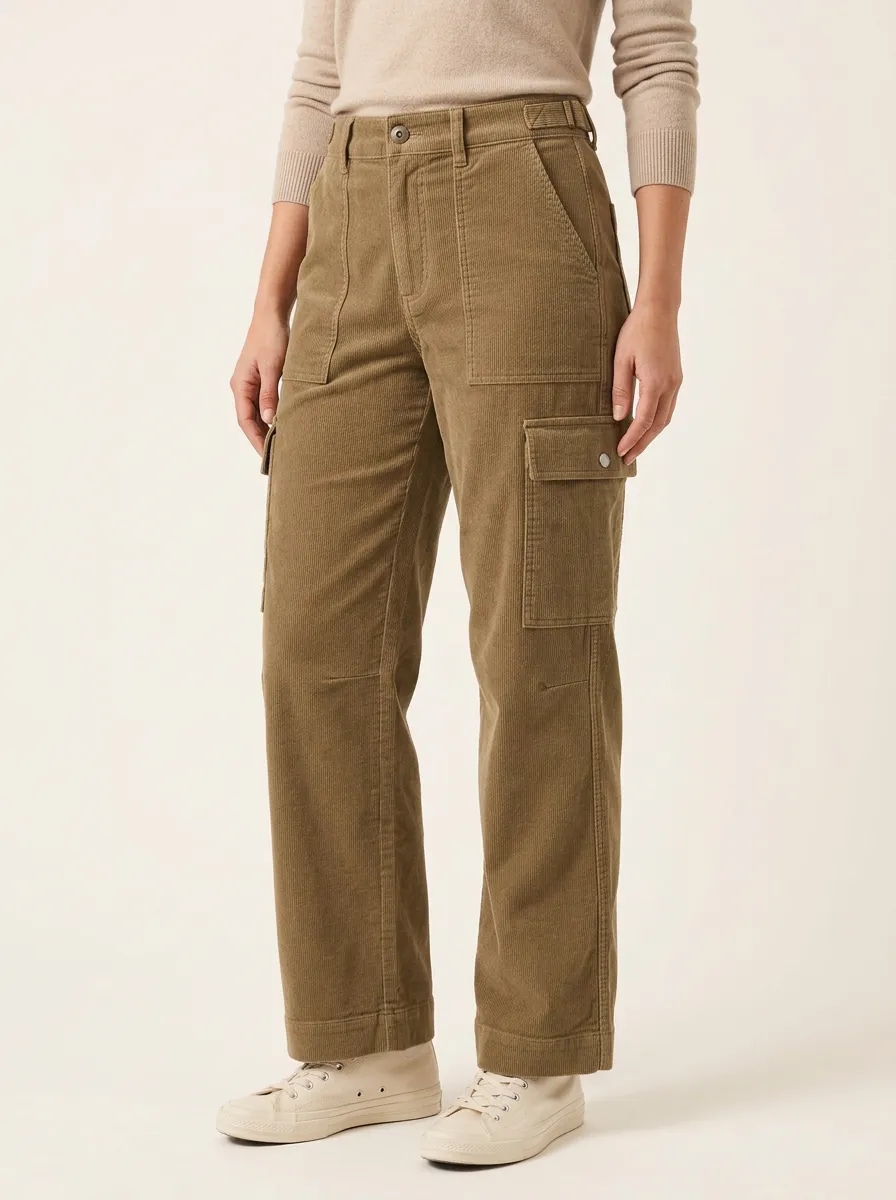 Women's High-Rise Multi-Pocket Cargo Straight-Leg Corduroy Pants