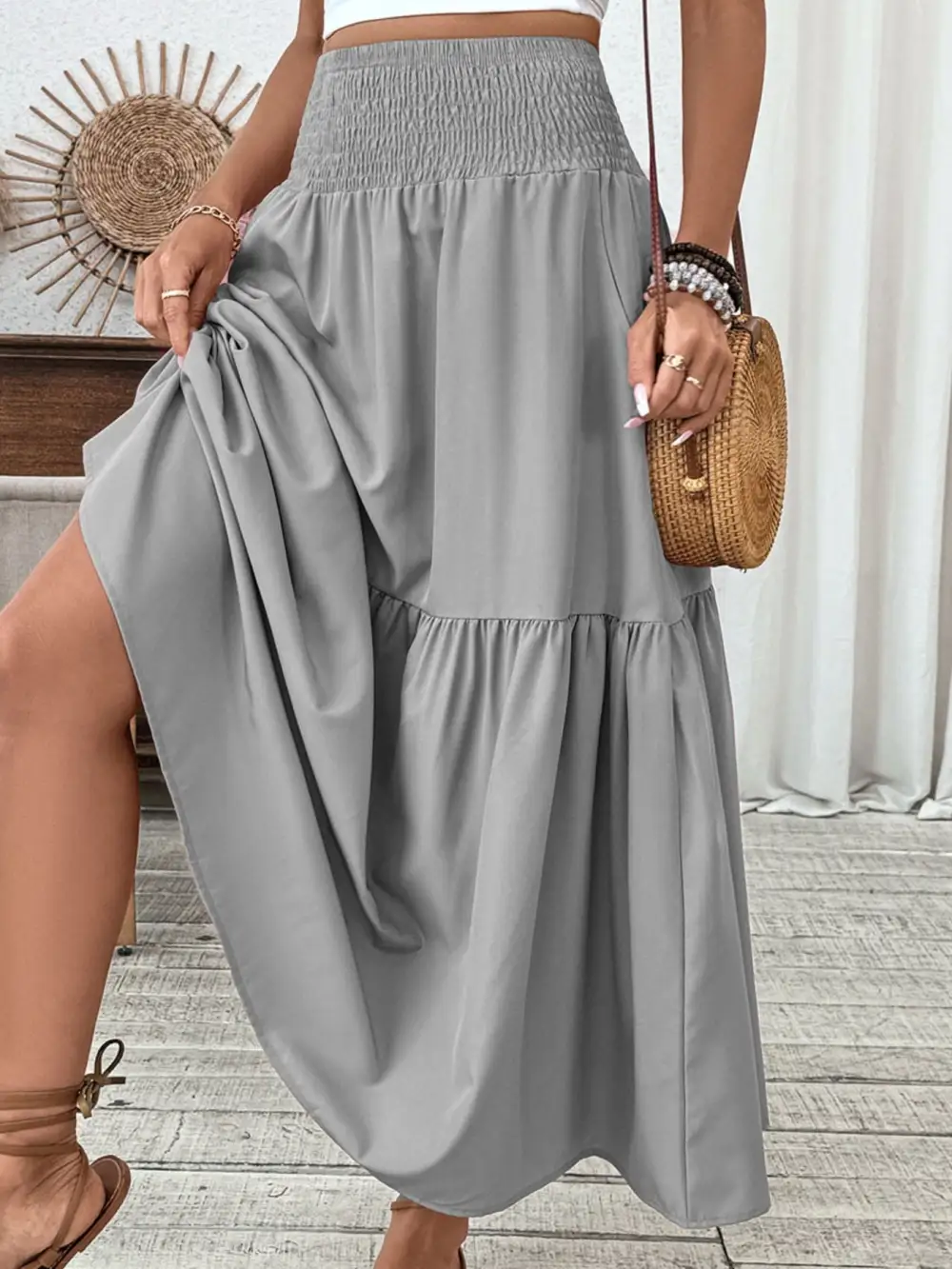 Tailored Smocked Ruffle Trim Detail Skirt