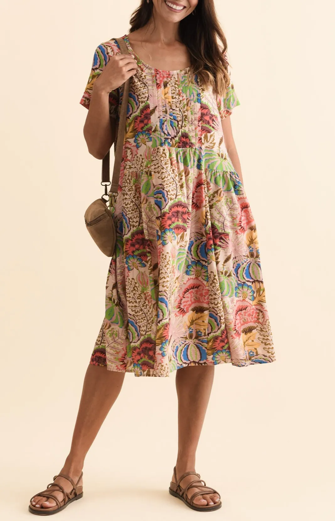 Cotton Above-Knee Floral Pocket Pleated Round-Neck Short-Sleeve Dress
