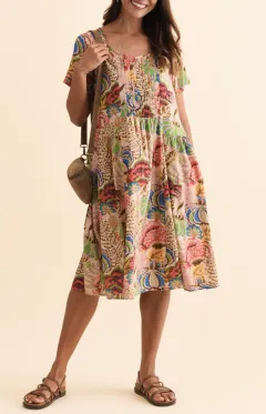 Cotton Above-Knee Floral Pocket Pleated Round-Neck Short-Sleeve Dress