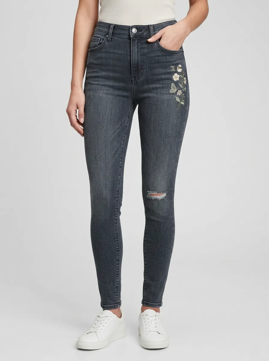Women's Floral Butterfly Embroidered Distressed Printed Slim Jeans