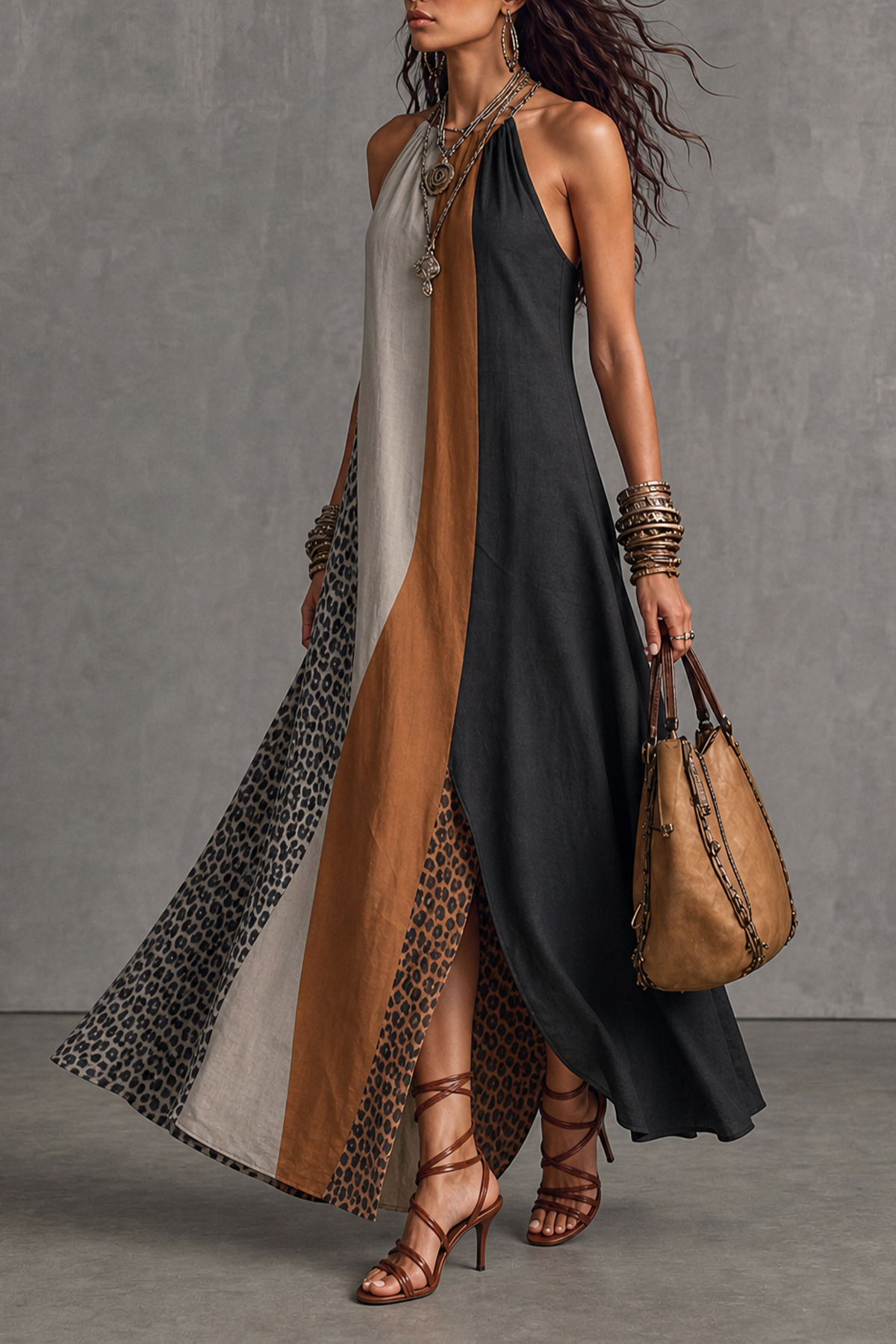 Sleeveless Leopard Pattern Printed Maxi Dress