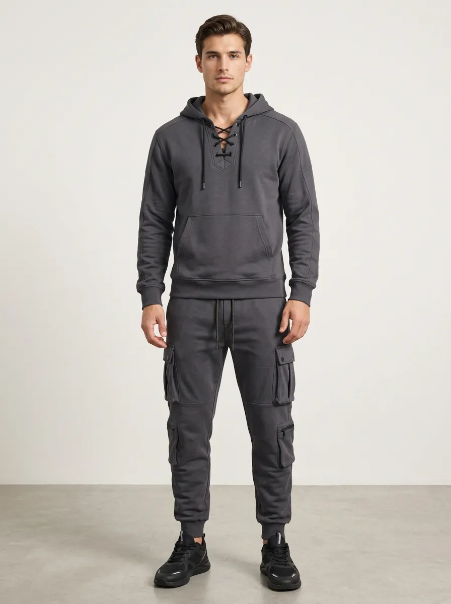 Core Lace-Up Multi Pocket Silhouette Men's Lace Up Hoodie And Cargo Jogger Set