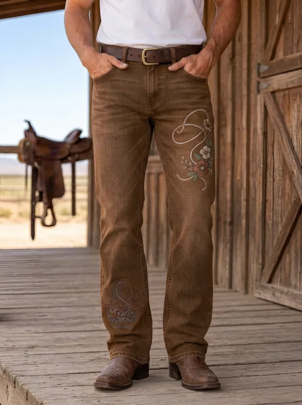 Men's Western Cowboy Floral Snake Rope Jeans