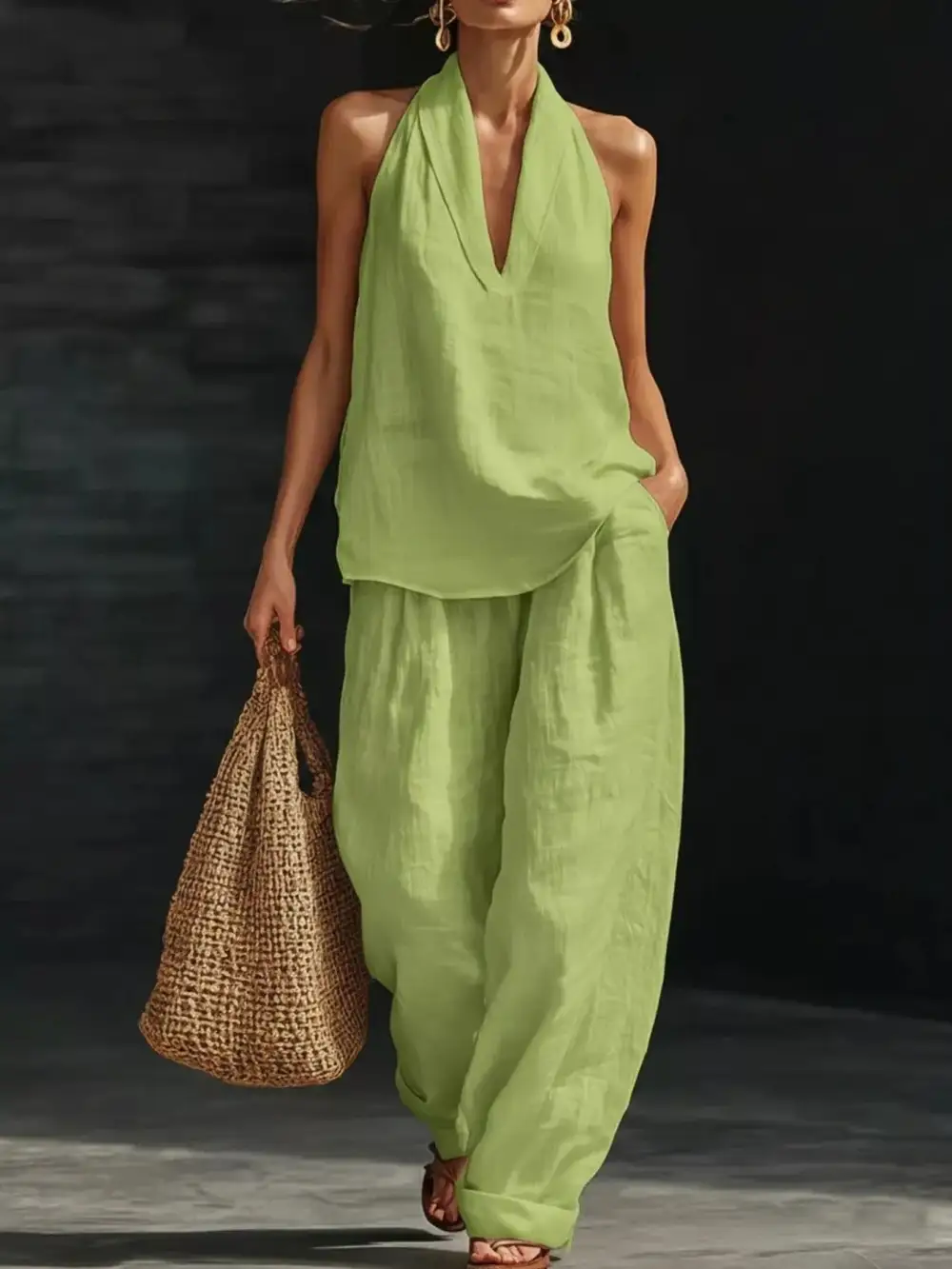 Halter Neck Top and Wide Leg Pants Set