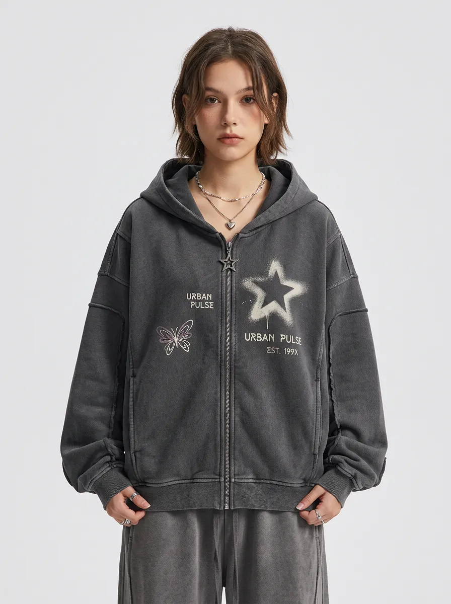 Unisex Streetwear Urban Pulse Star Butterfly Printed Zip-up Hoodie