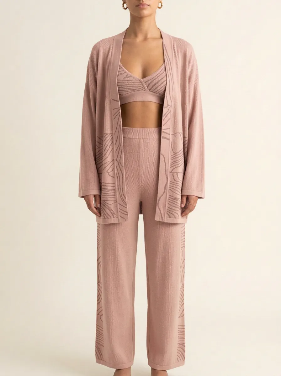 Abstract Line Wide Leg Cardigan Lounge Set