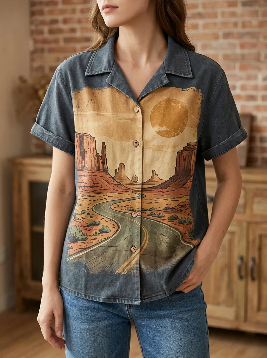 Women's Desert Road Trip Landscape Printed Button-Down Shirt