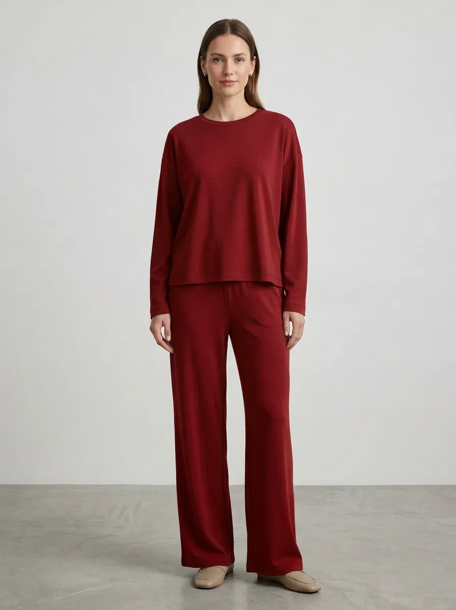 Women's Ribbed Long-Sleeve Drop-Shoulder Crewneck Top And Wide-Leg Trouser Lounge Set