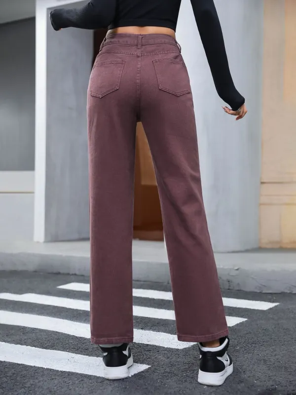 Simple Washed Pocketed Stretch Straight Leg Jeans