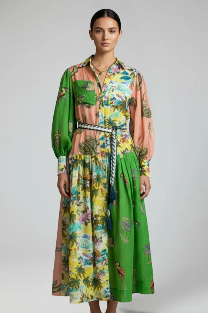  Print Long Sleeve Maxi Dress
