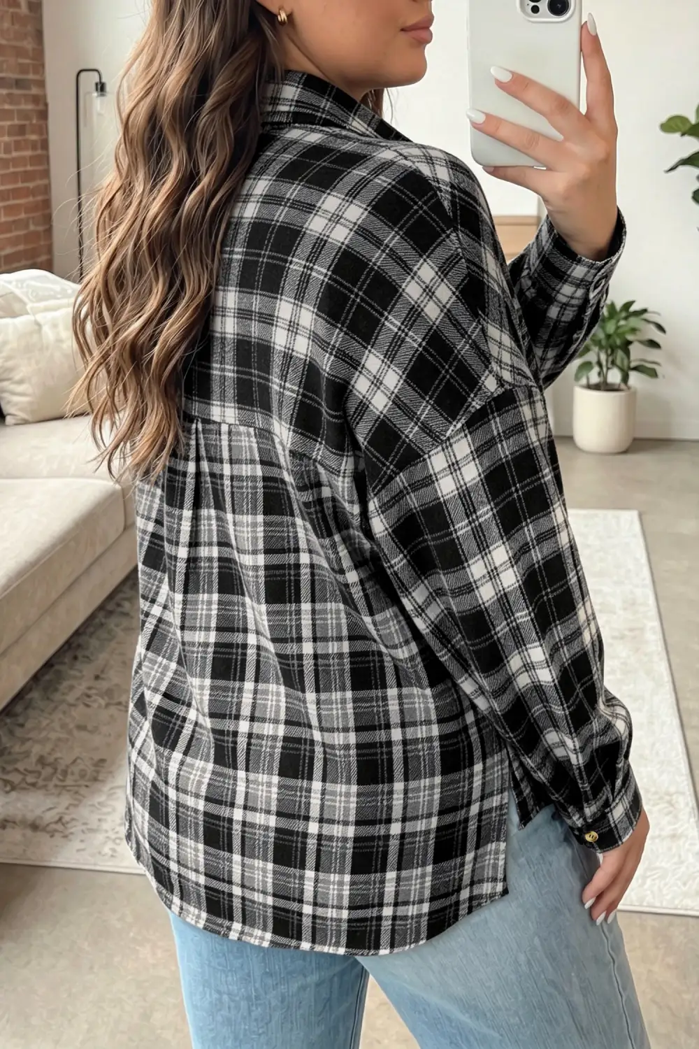 Women's Plaid Long Sleeve V Neck Shift Shirt Jacket