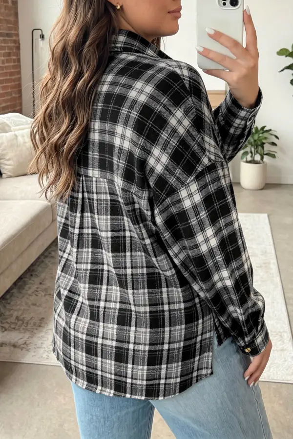 Women's Plaid Long Sleeve V Neck Shift Shirt Jacket
