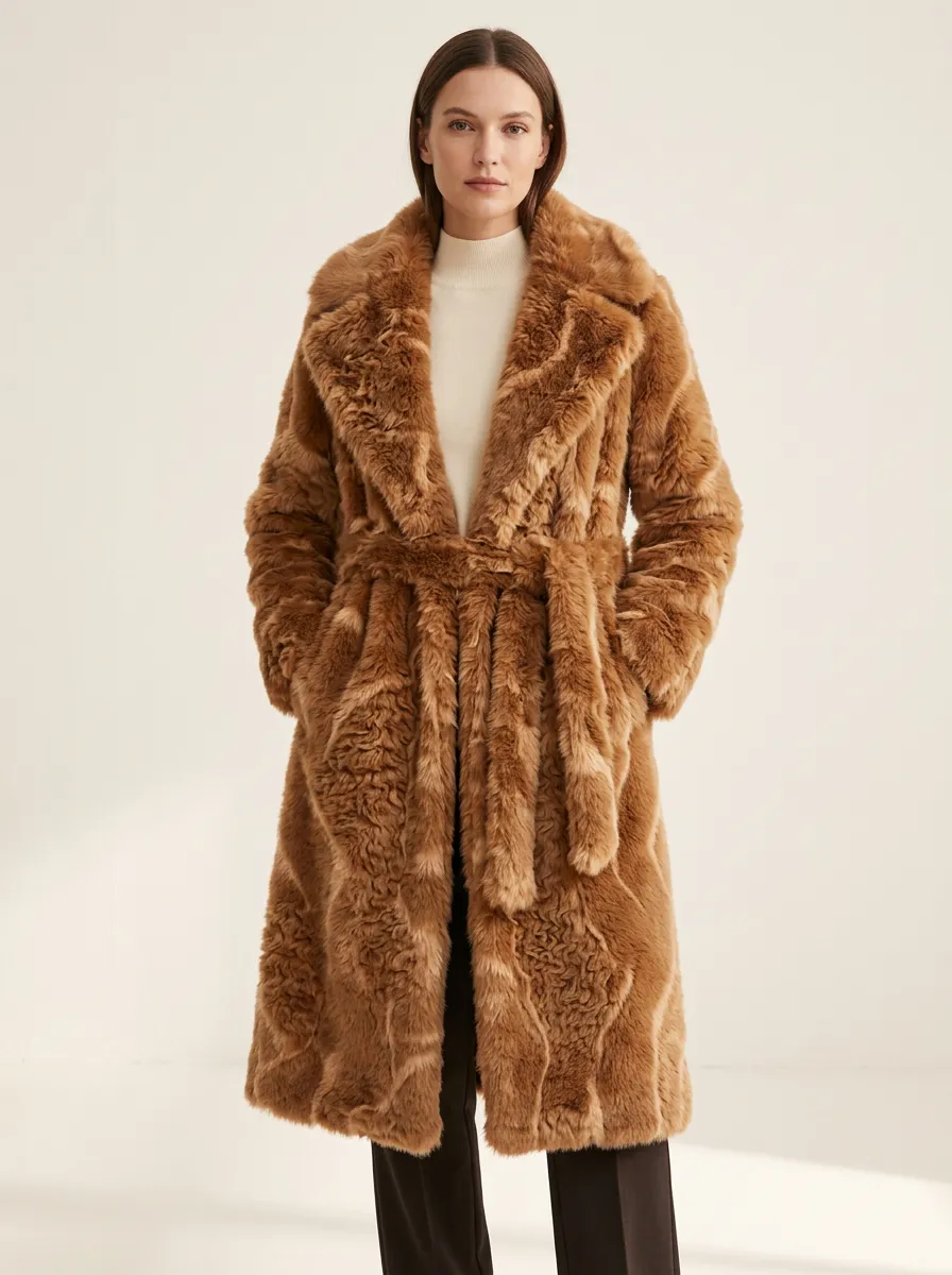 Open Front Faux Fur Belted Long Coat