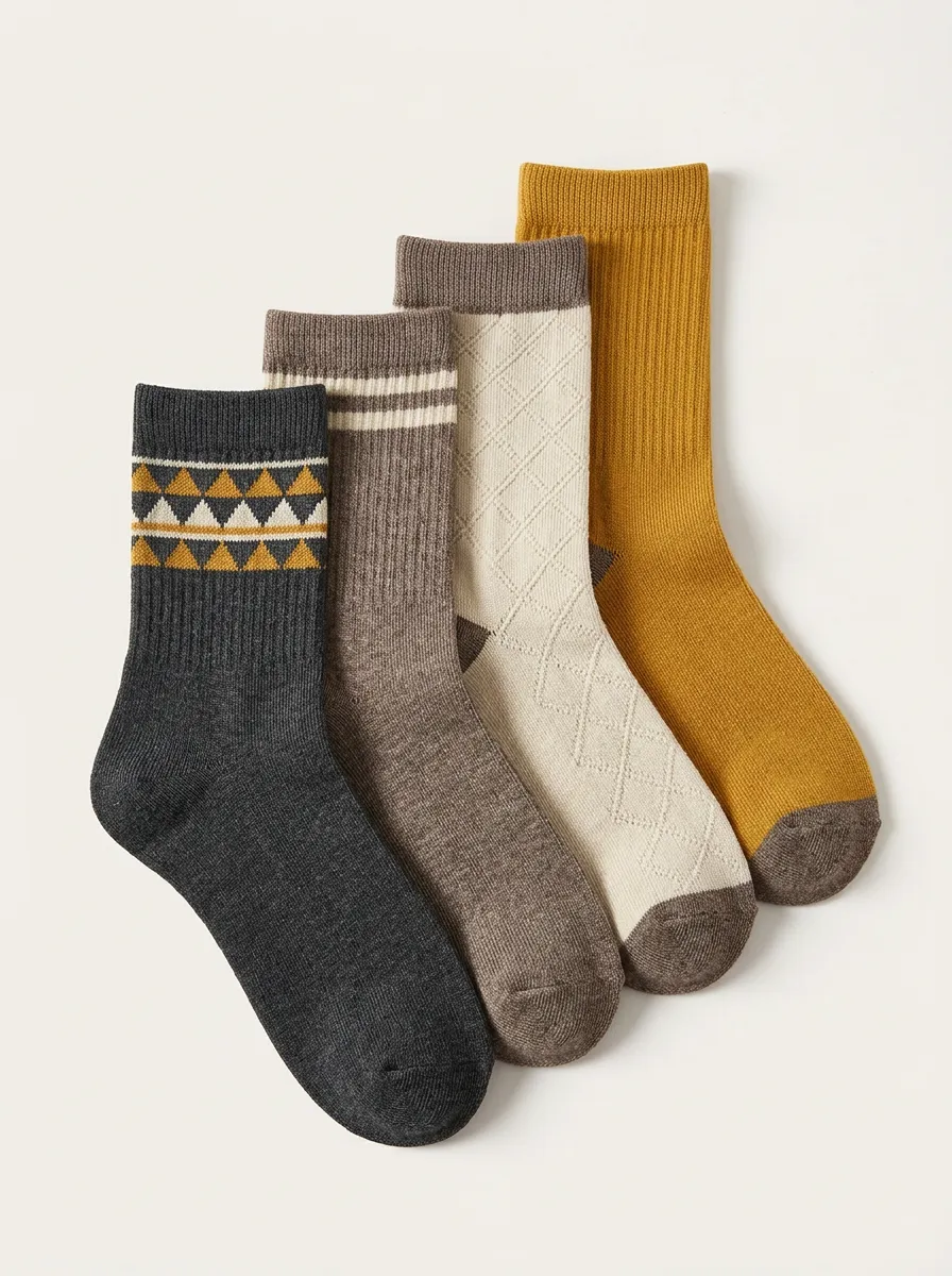 Men's Crew Socks Four-Pair Pack with Geometric Ribbed Texture Textured Crew Length
