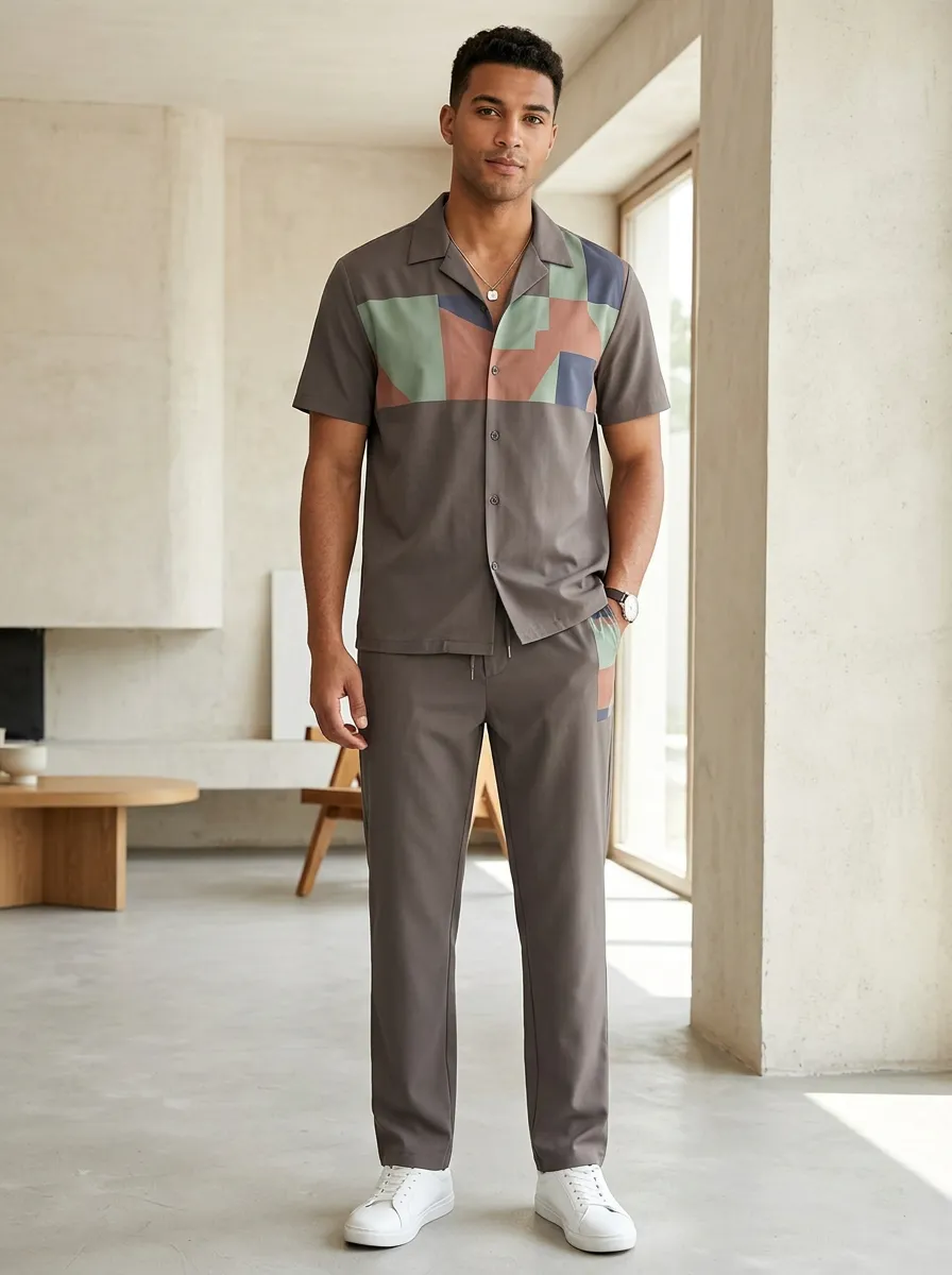 Men's Geometric Colorblock Printed Casual Lounge Set Modern Pattern