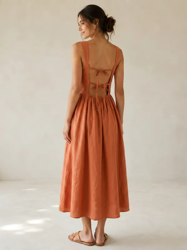 Women's Weekend Casual Tie-Back Linen Backless Dress