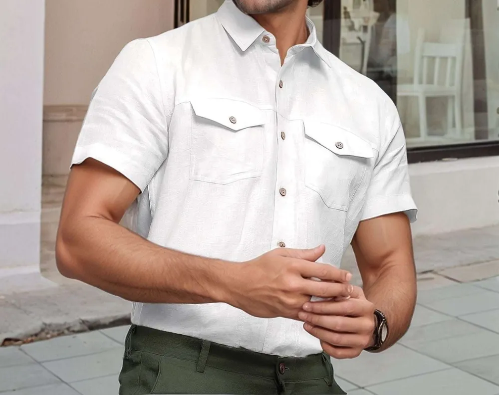 White Linen Double-Pocket Short Sleeve Shirt