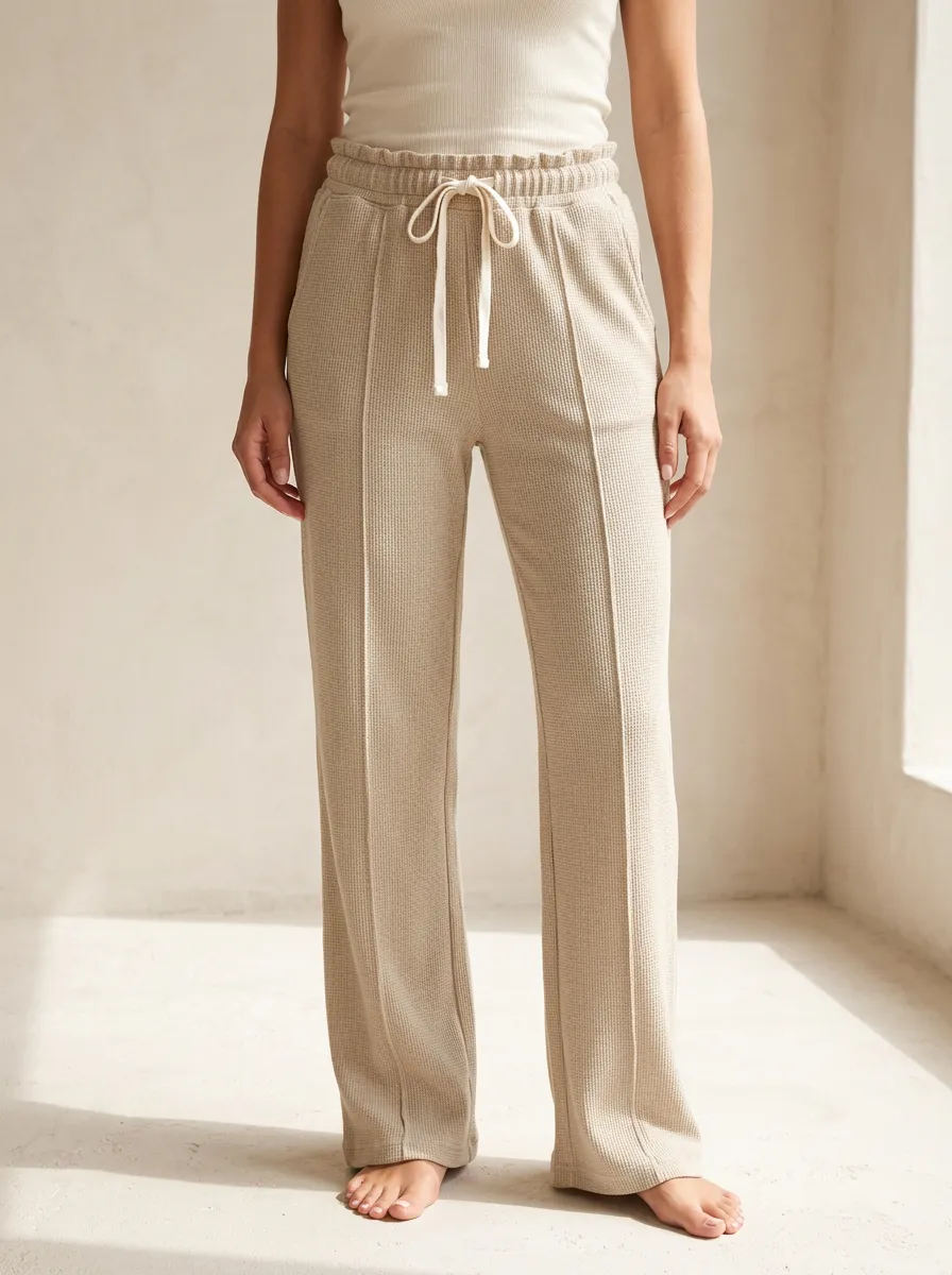 Women's Casual Lounge Waffle Knit Drawstring Wide Leg Pants