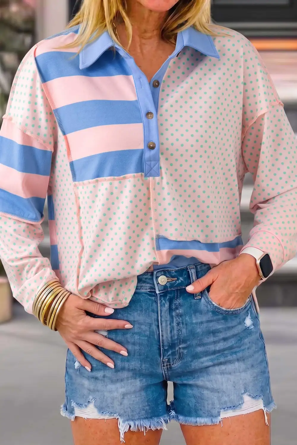 Polka Dot Polo Collar Twist Detail Cotton Blend Long Sleeve Top