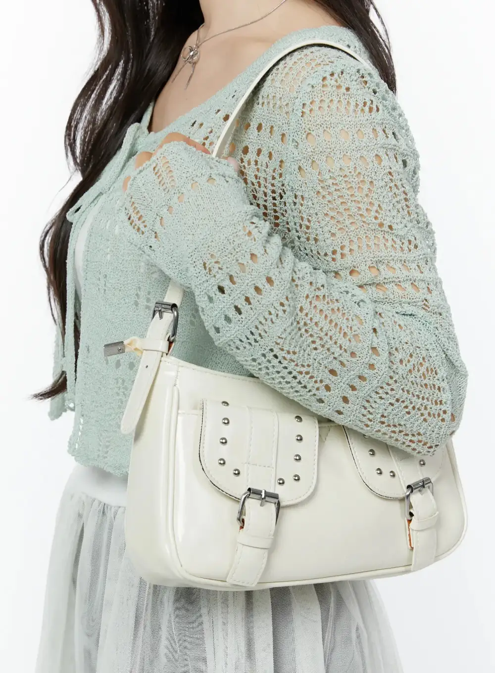 Studded Buckle Double-Pocket Shoulder Purse