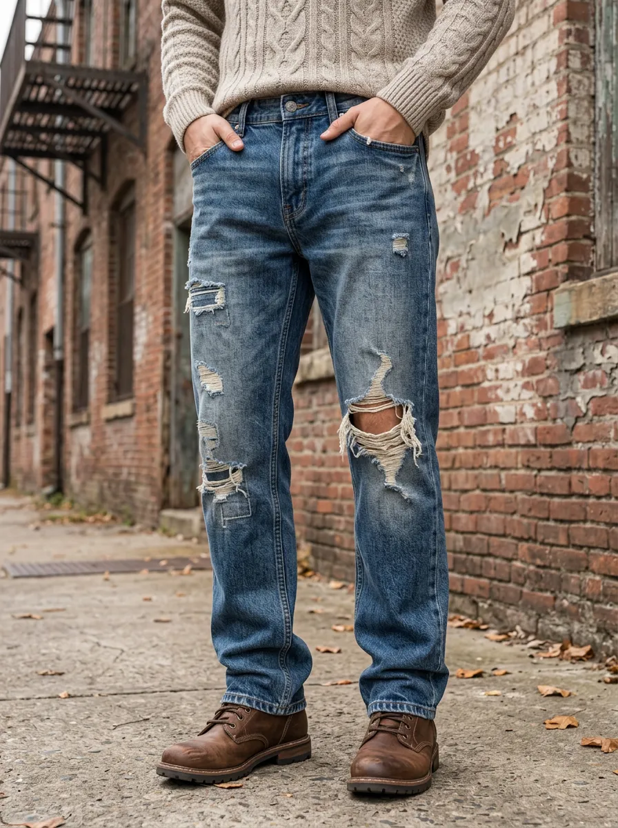 Men's Button Fly Ripped Jeans with Denim Detail