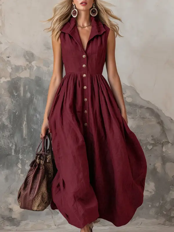 Pleated Buttoned Maxi Dress