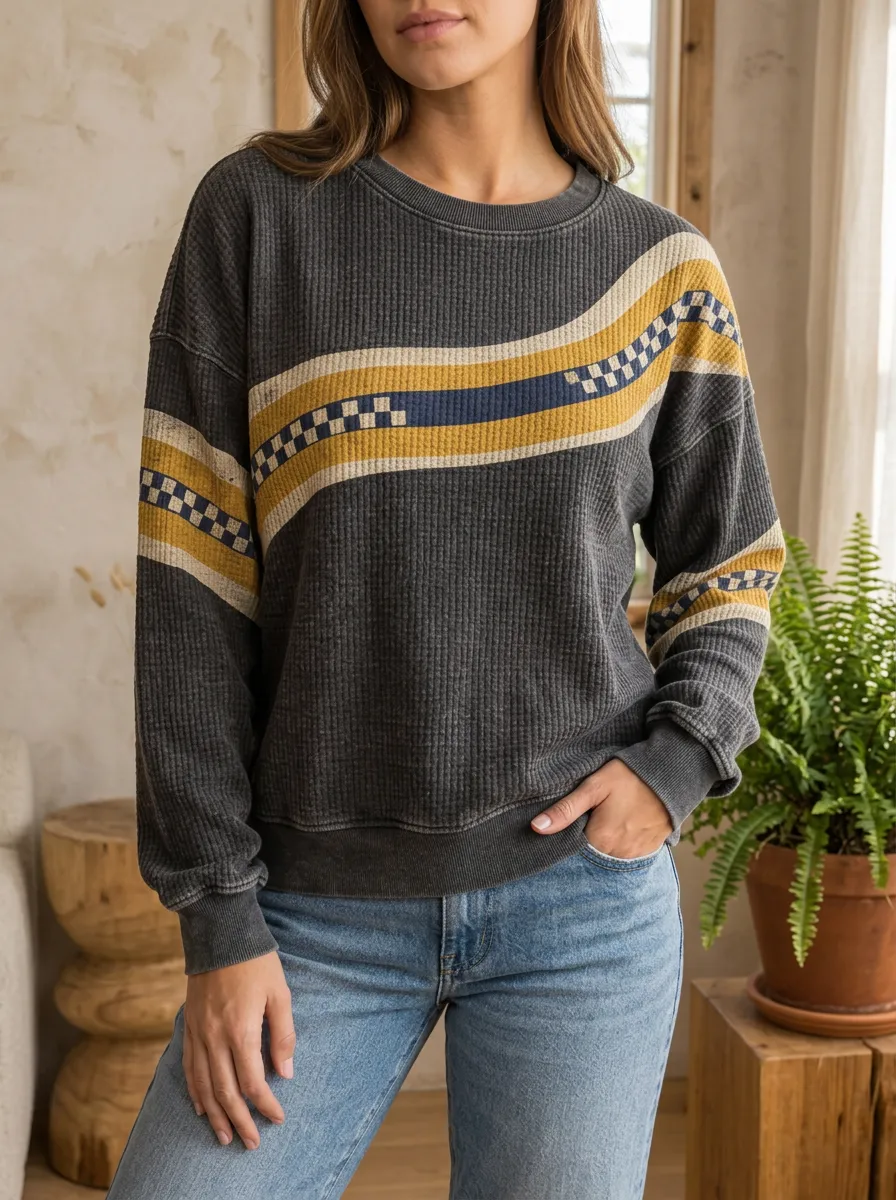 Women's Retro Checkered Stripe Printed Waffle Knit Crewneck Sweatshirt