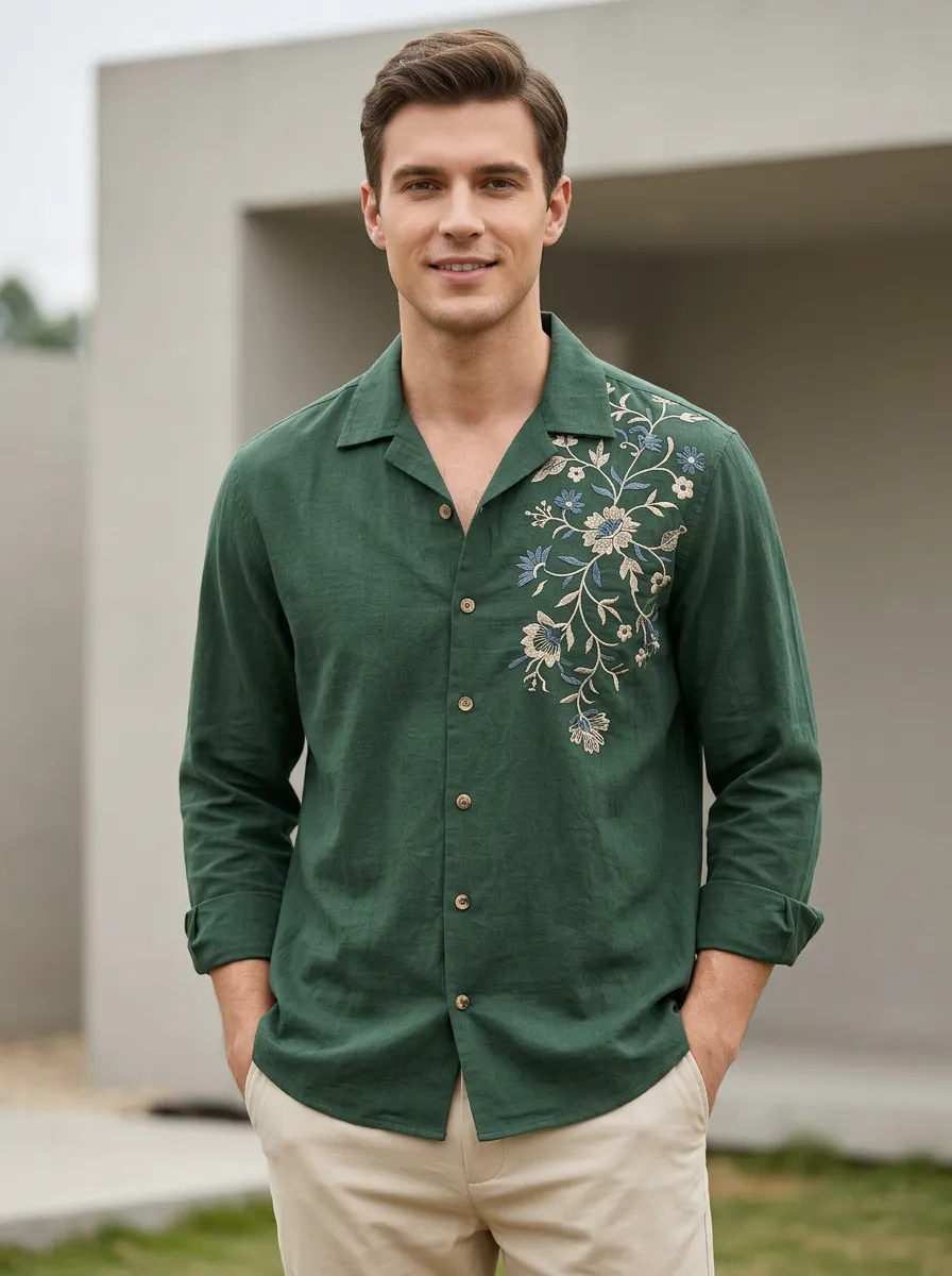 Men's Floral Relaxed Embroidered Linen Shirt