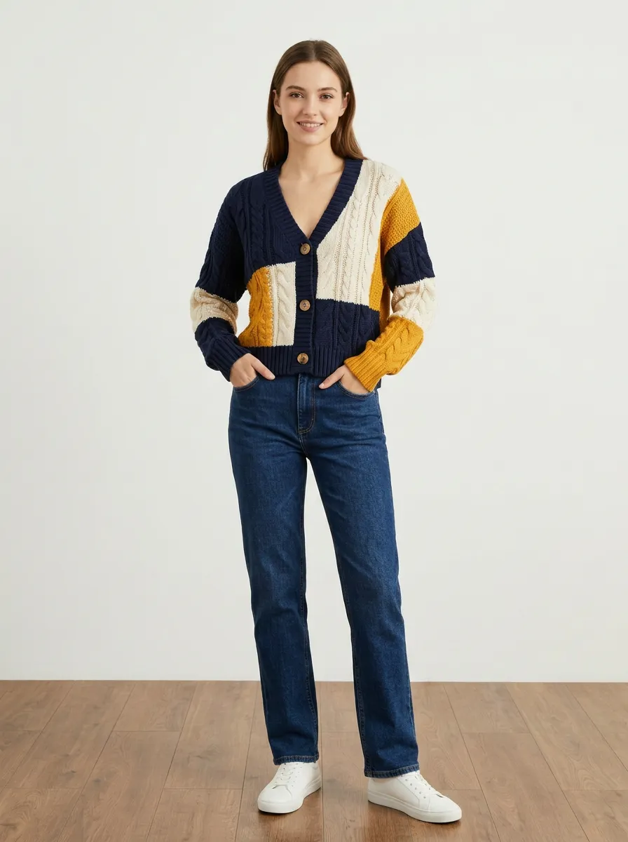 Women's Multi Colorblock Cable Knit Cardigan