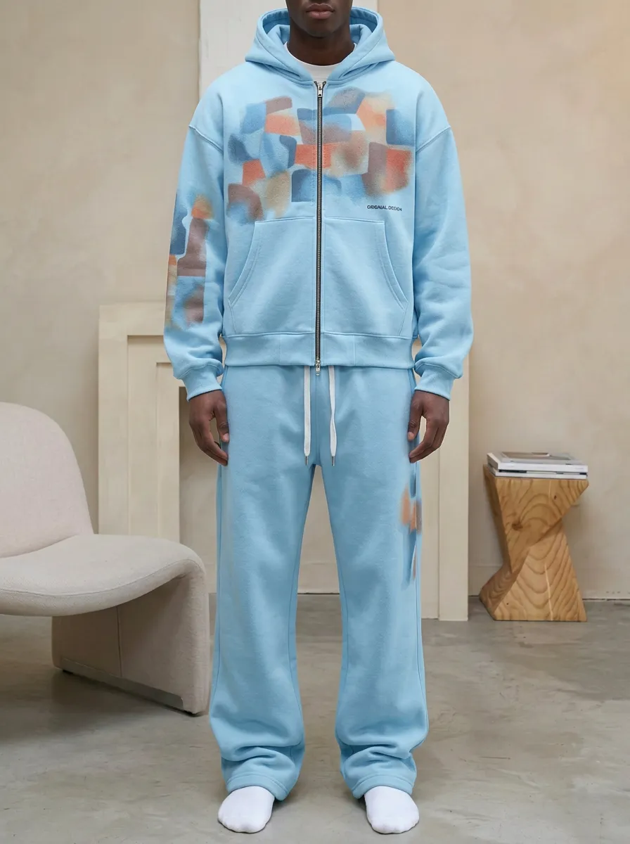 Men's Streetwear Abstract Color Block Printed Hoodie Jogger Set