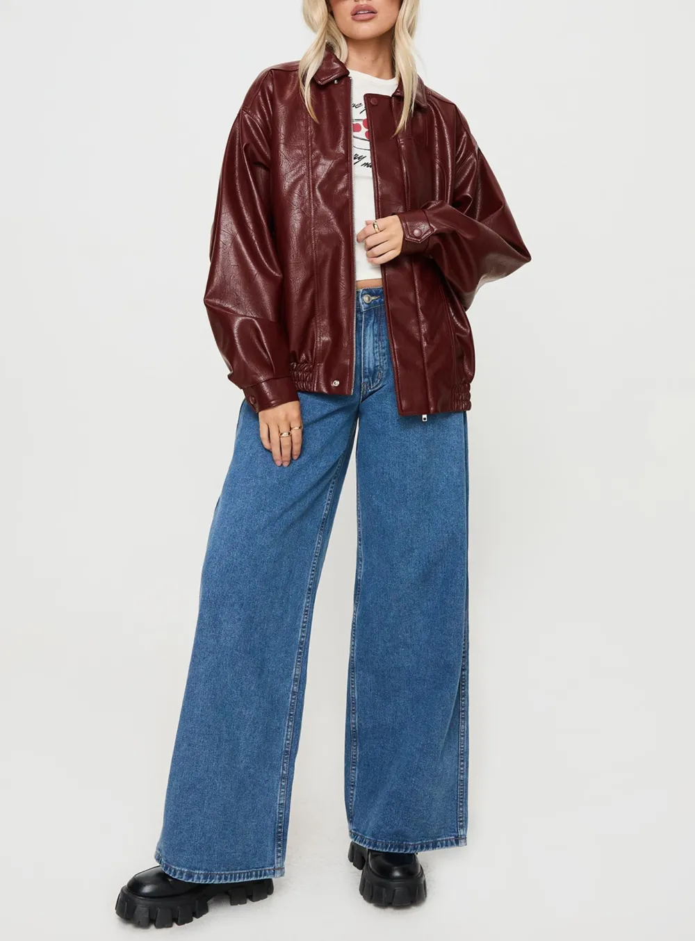 Burgundy Oversized Faux Leather Jacket
