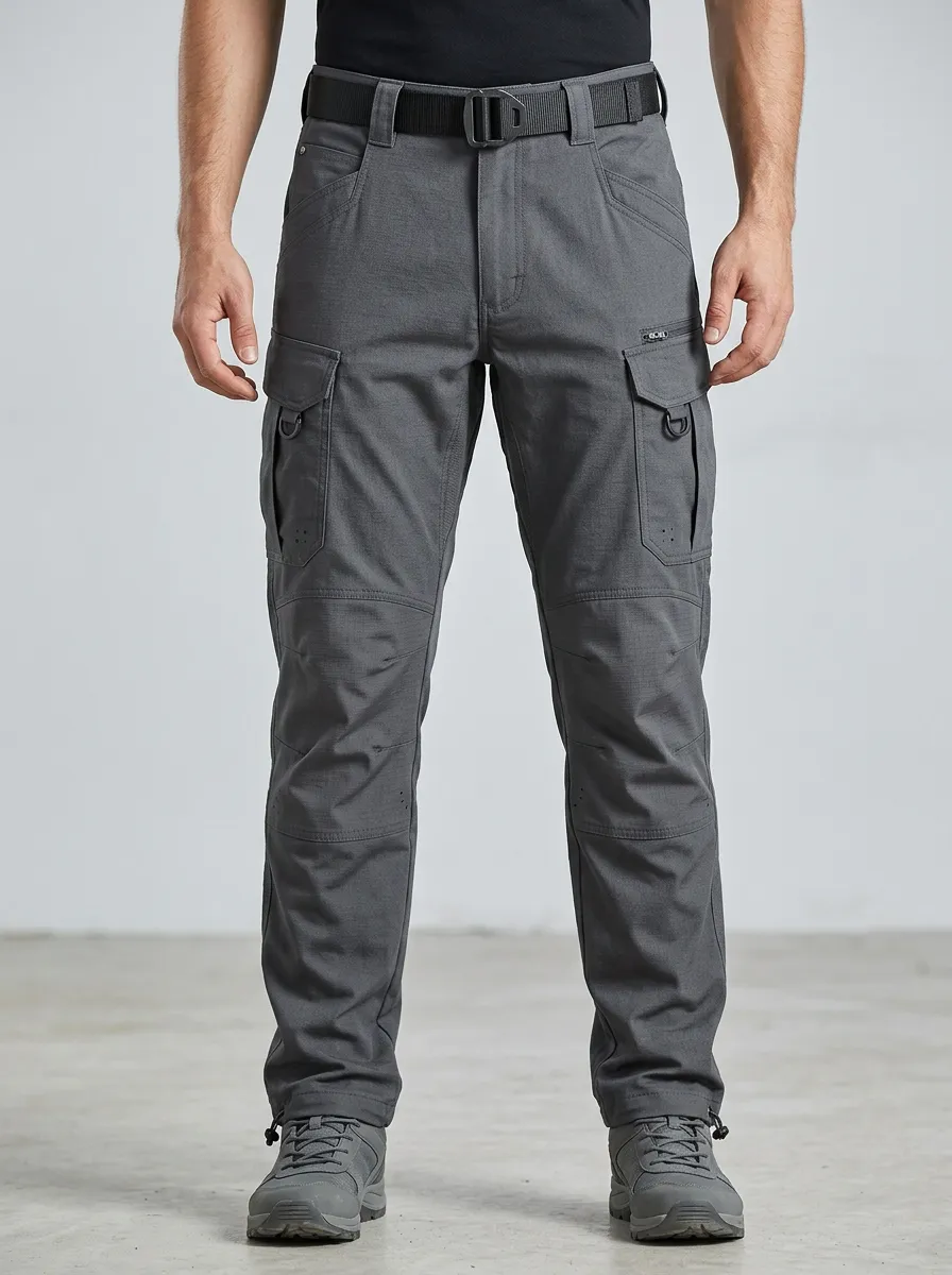 Men's Tactical D-Ring Zip-Pocket Cargo-Pocket Reinforced-Knee Knee-Panel Drawcord-Hem Cargo Pants