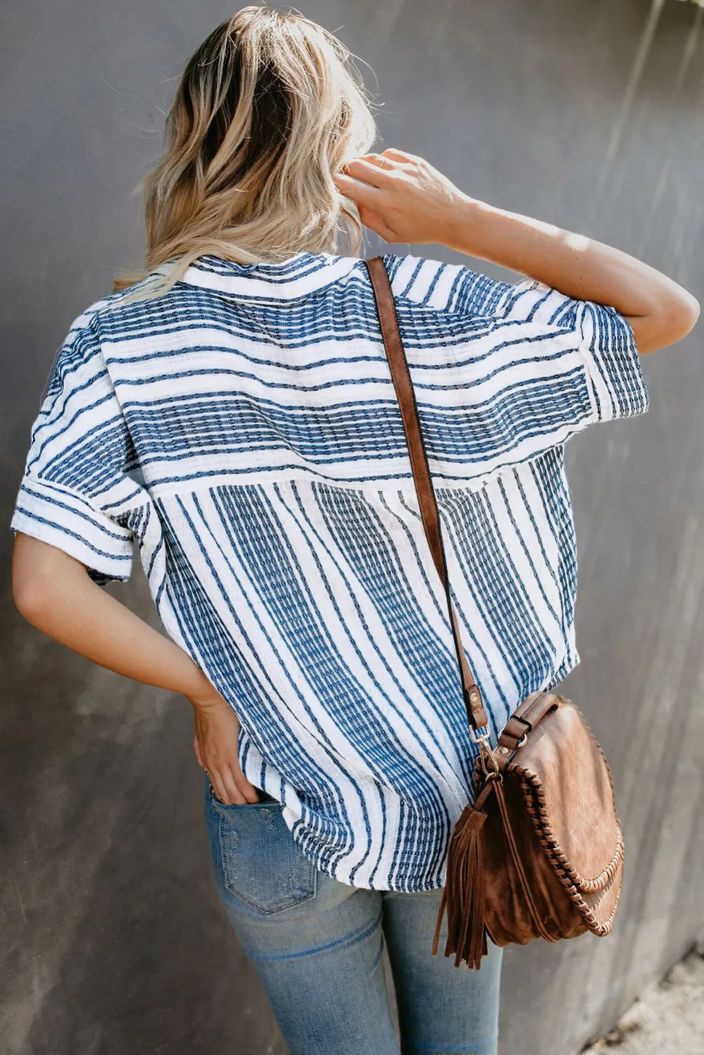 V Neck Stripes Roll Up Shirt